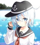  1girl alternate_hair_length alternate_hairstyle blue_eyes hat hibiki_(kantai_collection) kantai_collection natsupa revision school_uniform serafuku short_hair silver_hair solo 