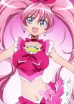  1girl blue_eyes breasts brooch choker cure_melody frilled_skirt frills gradient gradient_background houjou_hibiki jewelry manji_(tenketsu) midriff navel open_mouth pink_background pink_hair precure skirt suite_precure twintails 