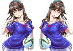  1girl 2014_fifa_world_cup ball brazuca breasts brown_eyes brown_hair harurunn japan long_hair original parted_lips simple_background smile soccer_ball soccer_uniform solo sportswear white_background world_cup 