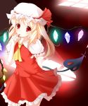  1girl asymmetrical_hair blonde_hair blood finger_in_mouth flandre_scarlet hat hat_ribbon head_tilt highres laevatein looking_at_viewer mob_cap popomu red_eyes ribbon side_ponytail solo tagme touhou wings 