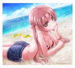  absurdres artist_name ass beach bikini bikini_under_clothes breasts brown_eyes brown_hair cleavage dated highres long_hair lying mu-. ocean on_stomach original sandals_removed short_shorts shorts side-tie_bikini sky smile swimsuit twintails 