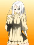  1girl blue_eyes blush breasts kantai_collection kuromen large_breasts long_hair naked_sweater pale_skin personification ribbed_sweater shinkaisei-kan silver_hair smile solo sweater ta-class_battleship 