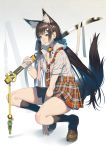  1girl animal_ears bandages bell bell_collar breasts brown_hair cleavage collar grin hair_ornament hairclip katana long_hair necktie ogino_(oginogino) original school_uniform shirt shorts skirt smile solo squatting sword tail very_long_hair weapon wolf_ears wolf_tail yellow_eyes 