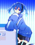  1girl blue_eyes blue_hair ene_(kagerou_project) headphones highres kagerou_project long_sleeves looking_at_viewer monaco0704 short_hair solo thigh-highs twintails 
