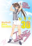  1girl bare_shoulders bow breasts brown_eyes brown_hair cleats hair_bow highres inoue_sora italy juventus_fc kurodate_mitsu long_hair loose_socks mai_ball! shorts sleeves_rolled_up soccer soccer_uniform socks solo sportswear translation_request wristband 