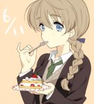  1girl birthday birthday_cake blue_eyes braid brown_hair cake food lynette_bishop necktie ponytail strike_witches 