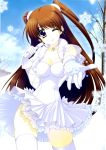  1girl ;d absurdres breasts brown_eyes brown_hair capelet cleavage gloves higa_yukari highres microphone ogiso_setsuna open_mouth scan smile snowflakes thigh-highs twintails white_album_2 white_gloves white_legwear wink 