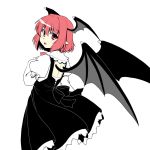  1girl bat_wings blush dress frilled_skirt frills gomi_(gomitin) head_wings juliet_sleeves koakuma long_sleeves looking_at_viewer looking_back open_mouth pointy_ears puffy_sleeves redhead short_hair simple_background skirt solo touhou white_background wings 