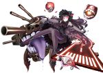  1girl black_hair cannon detached_sleeves dress enemy_aircraft_(kantai_collection) floating_fortress_(kantai_collection) glowing glowing_eyes gothic_lolita hairband horns isolated_island_oni kantai_collection knees_together_feet_apart lolita_fashion lolita_hairband long_hair looking_at_viewer outstretched_arms pale_skin pantyhose red_eyes red_fingernails sakuranoyukke shinkaisei-kan simple_background smile solo teeth tongue turret very_long_hair white_background 