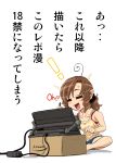  1girl =_= ahoge artist_self-insert barefoot blush bra_strap brown_hair camisole chibi comic computer highres imizu_(nitro_unknown) scrunchie short_ponytail shorts solo stylus tablet_pc translation_request 