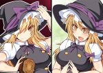  1girl :d blonde_hair blush bow breasts collared_shirt colored_eyelashes hair_bow hand_on_headwear hat hat_bow hisui_(stapspats) kirisame_marisa large_breasts long_hair low-tied_long_hair mini-hakkero one_eye_covered open_mouth outline puffy_short_sleeves puffy_sleeves ribbon short_sleeves smile steepled_fingers touhou tsurime witch_hat yellow_eyes 