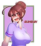  1girl ahoge breasts brown_hair bun_bun_(neocoill) character_name commentary hair_bun hair_ornament highres large_breasts norobotic open_mouth original outline smile solo 