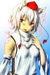  1girl animal_ears bare_shoulders blush breasts detached_sleeves gradient gradient_background inubashiri_momiji looking_away no_bra open_mouth pom_pom_(clothes) red_eyes sachi_(pixiv1644992) short_hair sideboob silver_hair solo touhou translation_request wolf_ears 