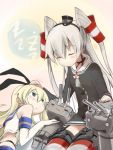  2girls :3 =_= amatsukaze_(kantai_collection) blonde_hair blush closed_eyes elbow_gloves garter_straps gloves green_eyes hair_ribbon hairband hand_on_another&#039;s_head innertube kantai_collection long_hair lying machinery multiple_girls panties rensouhou-chan rensouhou-kun ribbon shimakaze_(kantai_collection) silver_hair sitting sleeping striped striped_legwear sweatdrop thigh-highs turret twintails underwear yuzuyoukan zzz 