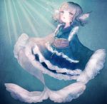  1girl air_bubble floral_print frills grey_eyes hands_in_sleeves head_fins japanese_clothes kikumon kimono looking_up mermaid monster_girl obi open_mouth sash short_hair silver_hair solo sunbeam sunlight touhou underwater wakasagihime yujup 