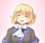 1girl blonde_hair blush facing_viewer gomi_(gomitin) gradient gradient_background happy leaning mizuhashi_parsee open_mouth pink_background pointy_ears scarf short_hair short_sleeves solo touhou vest 