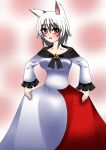 animal_ears blush breasts collarbone dress embarrassed highres imaizumi_kagerou imaizumi_kagerou_(cosplay) inubashiri_momiji jewelry large_breasts long_sleeves open_mouth red_eyes short_hair silver_hair touhou wolf_ears 