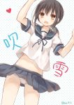  1girl black_hair brown_eyes fubuki_(kantai_collection) heart kantai_collection kasu_(return) looking_at_viewer panties pantyshot pantyshot_(standing) ponytail school_uniform serafuku skirt solo standing underwear white_panties 