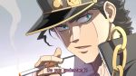  1boy black_hair chain cigarette green_eyes hat jojo_no_kimyou_na_bouken kuujou_joutarou linjie solo subtitled 