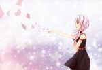  1girl bare_shoulders guilty_crown hair_ornament hairclip hand_on_own_chest highres long_hair open_mouth outstretched_arms petals pink_hair red_eyes singing solo twintails yuzuriha_inori 