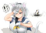  !? 1girl animal_ears blue_eyes breasts cat cat_ears cat_tail daikikia_9 fake_animal_ears gloves hair_ornament hair_over_one_eye hairclip hamakaze_(kantai_collection) kantai_collection kemonomimi_mode large_breasts one_eye_closed personification school_uniform serafuku short_hair silver_hair simple_background solo tail white_background white_gloves wince 