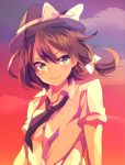  1girl blue_eyes bow brown_hair hair_bow hat hat_bow looking_at_viewer necktie noboritoro red_sky short_hair sky smile solo sunset touhou usami_renko 