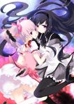  2girls akemi_homura black_hair bow bubble_skirt choker feathers gloves hair_bow hairband hand_on_another&#039;s_cheek hand_on_another&#039;s_face hand_on_another&#039;s_neck kaname_madoka kneehighs long_hair looking_at_another looking_at_viewer magical_girl mahou_shoujo_madoka_magica mahou_shoujo_madoka_magica_movie multiple_girls open_mouth pantyhose pink_hair short_hair short_twintails skirt takayama_mizuki twintails violet_eyes white_gloves white_legwear yuri 