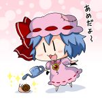  1girl :3 bat_wings blue_hair blush chibi commentary_request gradient gradient_background hair_ribbon holding mob_cap noai_nioshi open_mouth remilia_scarlet ribbon short_hair slug smile sparkle tagme touhou translation_request watering_can wings |_| 