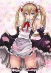  1girl apron bare_shoulders blue_eyes brown_hair detached_sleeves dress dress_lift elf frills long_hair looking_at_viewer maid maid_headdress myucel_foalan outbreak_company pointy_ears solo thigh-highs twintails yamako777 