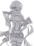  1girl ass from_behind gloves greyscale gun monochrome rifle scarf shinon_(sao) short_hair short_shorts shorts sketch sniper_rifle solo sword_art_online tonee weapon white_background 