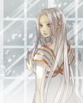  1girl ayajik dress fate/zero fate_(series) irisviel_von_einzbern long_hair snowing solo white_hair window 