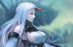  1girl bare_shoulders breasts detached_sleeves horn kantai_collection large_breasts long_hair pale_skin personification red_eyes seaport_hime shinkaisei-kan sideboob solo te white_hair 