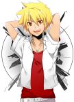  1boy bangs belt blonde_hair collarbone collared_shirt fang hand_behind_head hand_on_head happy jewelry looking_at_viewer mi_(liki1020) misao necklace open_mouth orange_eyes outline shadow short_hair short_sleeves simple_background smile solo spiky_hair teeth tohma_(misao) white_background white_outline 