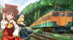  2girls ascot blonde_hair blue_eyes blue_sky bow braid breasts brown_hair clouds cloudy_sky crossed_arms detached_sleeves forest glint grass hair_bow hair_tubes hakurei_reimu hand_in_hair hat highres kirisame_marisa kirishima_risei leaf looking_at_viewer multiple_girls nature open_mouth outdoors power_lines profile railroad_tracks red_eyes short_hair single_braid skirt skirt_set sky touhou train tunnel wind witch_hat 