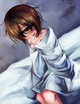  1girl bed_sheet blush brown_eyes brown_hair cyclops hands_on_own_chest highres hitomebore looking_at_viewer monster_girl naked_sheet on_bed one-eyed ray-k short_hair signature sitting solo sweat tears usui_sachi 