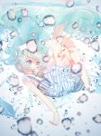  1girl aqua_hair barefoot blue_eyes bubble dress hatsune_miku kinokoko-kino long_hair solo submerged twintails underwater very_long_hair vocaloid 