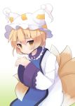  1girl beni_shake blonde_hair dress fox_tail hat hat_with_ears long_sleeves looking_at_viewer multiple_tails solo tabard tail touhou white_dress wide_sleeves yakumo_ran yellow_eyes 
