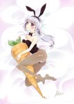  1girl animal_ears ass bare_shoulders blue_eyes bowtie breasts bunny_girl bunny_tail bunnysuit carrot cleavage detached_collar hairband highres kaetzchen long_hair lying no_shoes on_side original oversized_object pantyhose ponytail rabbit_ears signature silver_hair solo straddling tail vegetable 