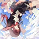  1girl brown_hair clenched_teeth closed_eyes clouds crossed_arms crying hair_ornament hairclip kagerou_project letter na2co3 origami paper paper_crane ruler scarf school_uniform serafuku sky solo tagme tateyama_ayano upside-down 