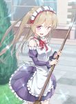  1girl apron bare_shoulders blush broom brown_hair detached_sleeves elf frills highres long_hair looking_at_viewer maid maid_headdress myucel_foalan ninnzinn open_mouth outbreak_company outdoors pointy_ears smile solo twintails violet_eyes 