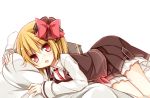  1girl blonde_hair bow hair_bow long_sleeves looking_at_viewer lying necktie on_side open_mouth pillow red_eyes rumia shirt skirt skirt_set solo touhou vest yuuhagi_(amaretto-no-natsu) 