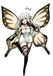  1girl aerie_(bravely_default) black_legwear bravely_default:_flying_fairy butterfly_wings dress elbow_gloves fairy gloves leaning_forward long_hair pointy_ears smile solo strapless_dress thigh-highs white_hair wings yasakani_an 