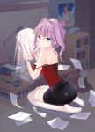  1girl bare_shoulders blue_eyes blush breasts glasses looking_at_viewer looking_back miniskirt original poster_(object) purple_hair skirt solo strap_slip thigh-highs when_you_see_it 