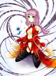  1girl bare_shoulders black_legwear breasts center_opening cleavage detached_sleeves elbow_gloves fingerless_gloves flower gloves guilty_crown hair_ornament highres long_hair navel pink_hair red_eyes solo thigh-highs twintails yuzuriha_inori 