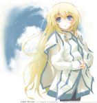  1girl 2007 aoyama_syun blonde_hair blue_eyes character_name collet_brunel expressionless long_hair looking_at_viewer sky solo tales_of_(series) tales_of_symphonia very_long_hair 