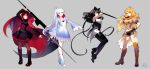  black_hair blake_belladonna blonde_hair cape einlee grey_eyes highres long_hair official_art pantyhose ponytail redhead rooster_teeth ruby_rose rwby scythe short_hair sword thigh-highs violet_eyes weapon weiss_schnee white_hair yang_xiao_long yellow_eyes 