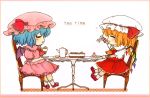  2girls ascot asymmetrical_hair bat_wings blonde_hair blue_hair bride-hat_removed chair chibi closed_eyes cup dress english flandre_scarlet fork frame hat hat_ribbon heart mob_cap multiple_girls open_mouth pink_dress puffy_sleeves red_dress rei_(tonbo0430) remilia_scarlet revision ribbon shirt short_sleeves siblings side_ponytail sisters smile strawberry_shortcake table teacup teapot touhou wings 