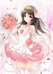  1girl black_hair bouquet breasts choker dress flower frilled_dress frills hair_ornament holding jewelry juna kaku-san-sei_million_arthur long_hair looking_at_viewer parted_lips petals pink_eyes pink_hair reaching ring rose smile solo tagme wedding_band wedding_dress wrist_cuffs 