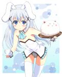  1girl animal_ears blue_eyes blush bunny_girl bunny_tail bunnysuit coffee_mug cup detached_collar flat_chest gochuumon_wa_usagi_desuka? hair_ornament hairclip kafuu_chino long_hair looking_at_viewer mug plate rabbit_ears silver_hair solo tail thigh-highs tippy_(gochuumon_wa_usagi_desuka?) tray white_legwear wrist_cuffs 