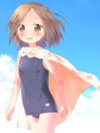  1girl blush brown_eyes brown_hair fujimiya_kaori isshuukan_friends looking_at_viewer open_mouth ramble school_swimsuit short_hair smile solo swimsuit 